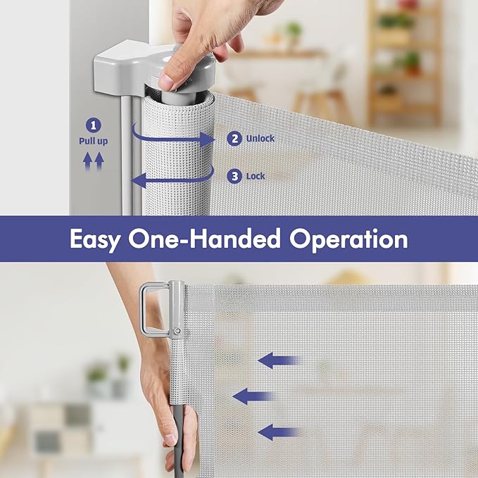 145 Inch Extra Long Baby Gate Retractable Dog Gate Outdoor Retractable Gate Indoor Retractable Baby Gate for Extra Wide Openings Retractable Pet Gate Retractable Fence for Doorways, Decks, Light Gray