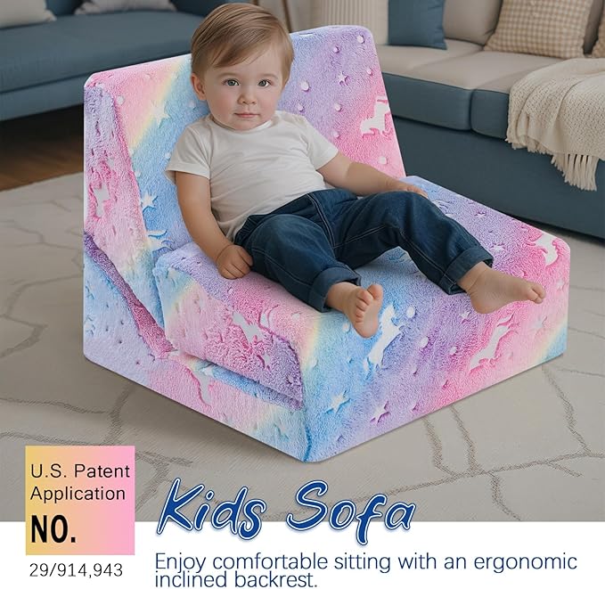 MeMoreCool Toddler Couch Fold Out Sofa Bed, Kids Lounge Chair Foldable Floor Lounger, 3-in-1 Folding Children Chair Bed, Pull Out Recliner for Toddlers 1-6, Unicorn