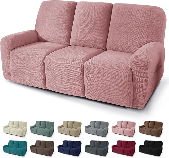 JIVINER 5 Pieces Recliner Sofa Covers Stretch Recliner Sofa Slipcover with Elastic Bottom Jacquard Fitted Reclining 3 Cushion Couch Cover Furniture Protector with Pockets (3 Seater, Dusty Pink)