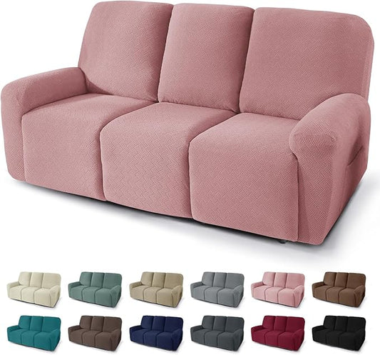 JIVINER 5 Pieces Recliner Sofa Covers Stretch Recliner Sofa Slipcover with Elastic Bottom Jacquard Fitted Reclining 3 Cushion Couch Cover Furniture Protector with Pockets (3 Seater, Dusty Pink)