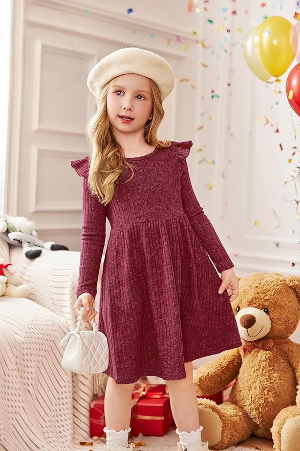 Arshiner Toddler Girl Dress Baby Girls Knitted Ruffle Sleeve Pocket Dresses A-Line Flared Fall Winter Clothes for 2-8 Years