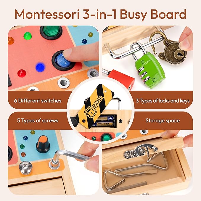 3-in-1 Busy Board with Led Light Switch, Montessori Toddler Screwdriver Board, Sensory Lock and Key Toys, Educational Fine Motor Skills Travel Toys for Toddlers Boys and Girls 3 4 5 Year Old