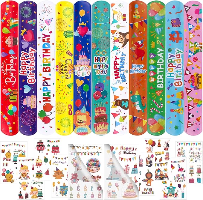 30pcs Happy Birthday Slap Bracelets with 10pcs Tattoo Stickers for Kids Birthday Party Favors Classroom School Favors Prizes Exchanging Favors