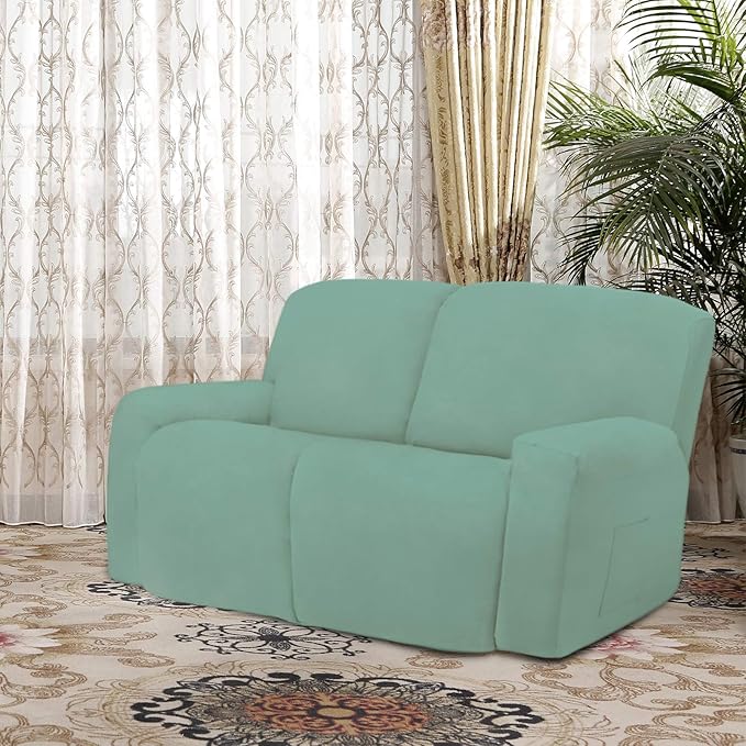 Easy-Going 6 Pieces Microfiber Stretch Sectional Recliner Sofa Slipcover Soft Fitted Fleece 2 Seats Couch Cover Washable Furniture Protector with Elasticity for Kids(Recliner Loveseat, Cyan)