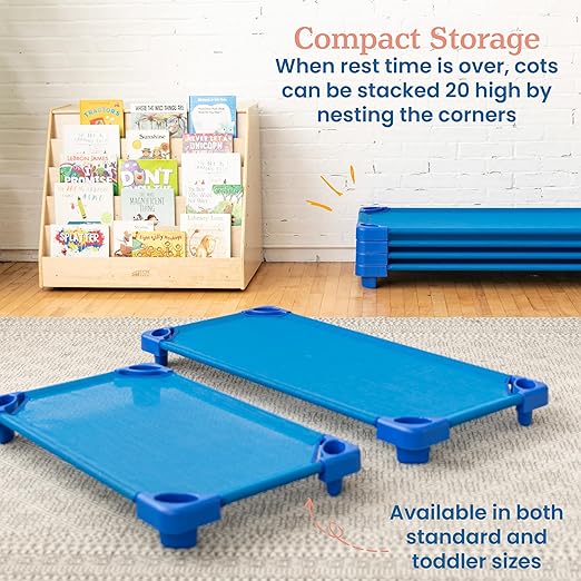 ECR4Kids Stackable Kiddie Cot, Assembled, Standard Size, Classroom Furniture, Blue, 5-Pack