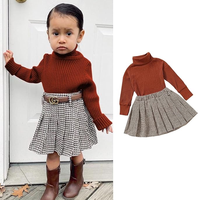 Fernvia Toddler Baby Girl Fall Winter Skirt Set Turtleneck Ribbed Long Sleeve T-Shirt Top & Plaid Skirts Dress 2Pcs Outfits