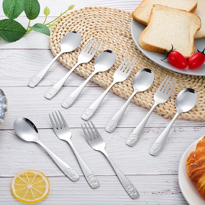 10 Pieces Toddler Utensils Kids Silverware Set, Kids Silverware Stainless Steel Childrens Safe Flatware Metal Baby Utensils Set Small Forks and Spoons for Self Feeding, Dishwasher Safe