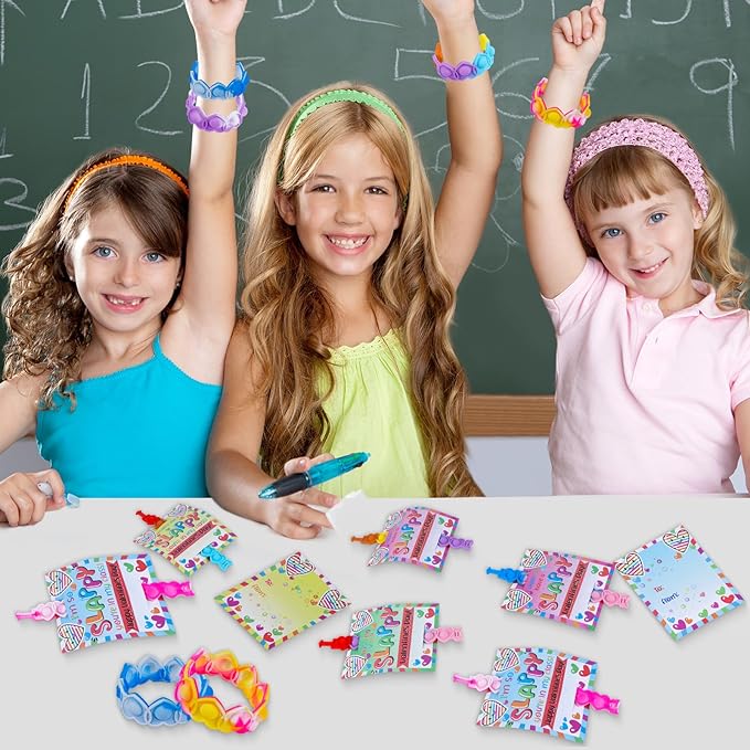 24 Packs Valentine Day Party Favors Kids, Heart Pop Fidget Toys Bulk Bracelets Cards for Kids School Classroom Prizes, Valentine's School Class Exchange Cards and Kids Party Favors