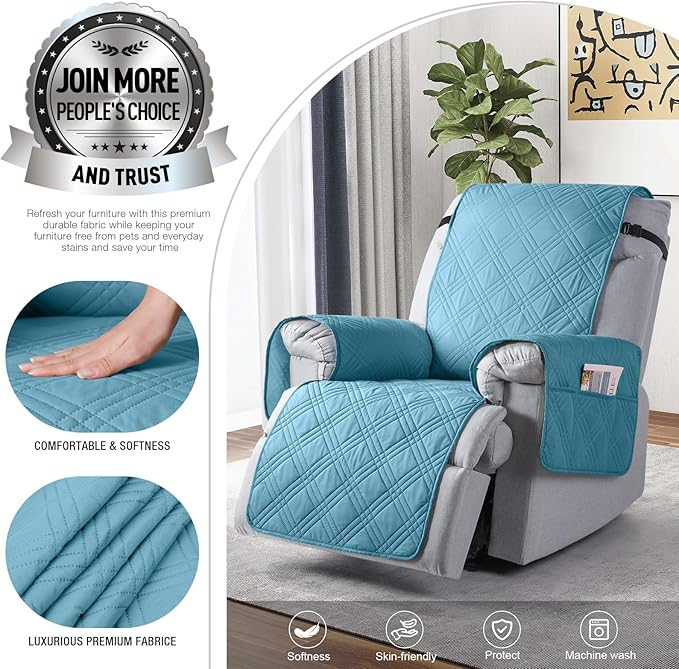 TAOCOCO 100% Waterproof Recliner Chair Cover, Non Slip Recliner Covers for Recliner Chair with Pocket, Washable Reclining Chair Cover Furniture Protector for Kids, Pets(Recliner Chair, Sky Blue)