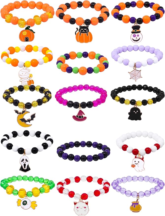 15PCs Halloween Bracelets Girls Boys Bracelets with Pumpkin Ghost Eyeball Clown Wizard Hat Skeleton Cat Halloween Pendants for Halloween Party Favors