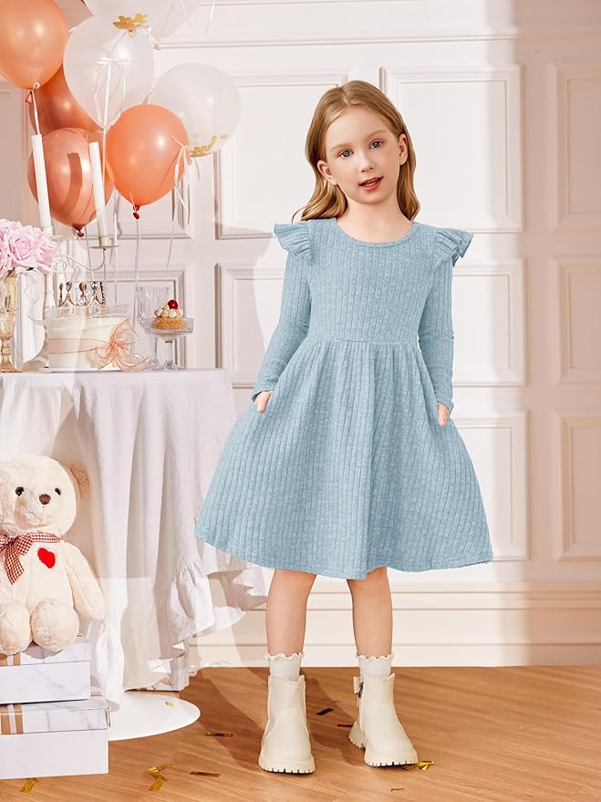 Arshiner Toddler Girl Dress Baby Girls Knitted Ruffle Sleeve Pocket Dresses A-Line Flared Fall Winter Clothes for 2-8 Years
