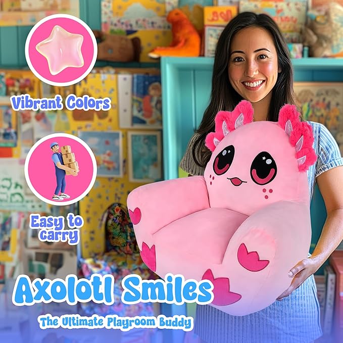 Forest & Twelfth Kid’s Axolotl Chair, 20 Inch Cozy Stuffed Animal Seat, Adorable Pink Squishy Sofa for Children, Soft & Comfy Kawaii Plush for Playroom & Bedroom, Durable, Toddler Gift, Room Decor
