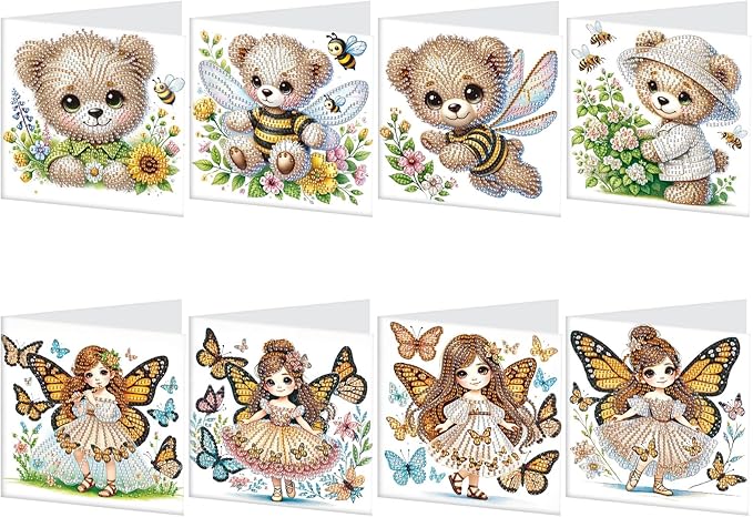 8 Packs Diamond Art Painting Greeting Cards Kit Special Shaped Diamond Art Greeting Cards with Envelope Arts Crafts for Christmas Birthday Thanksgiving Day Holiday (Bee Bear Butterfly Elf)