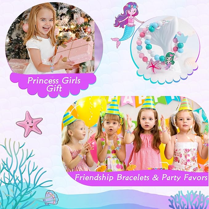 Kids Bracelets Mermaid Party Favors - 12 Pack Cute Toddlers Little Girls Ocean Wooden Beaded Bracelets, Costume Play Jewelry Princess Birthday Goodie Bag Stuffers Pinata filler Classroom Prize Gifts