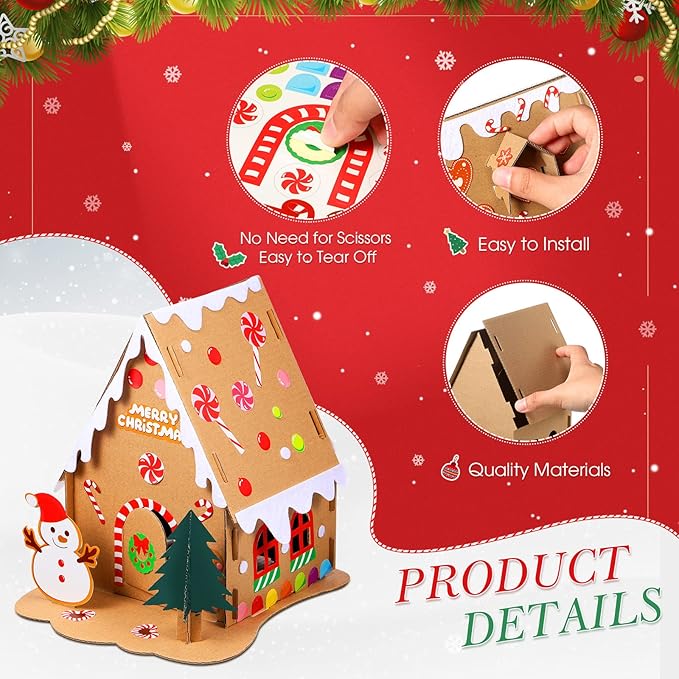 6 Sets Christmas Gingerbread House Kit Christmas Crafts for Kids Mini Christmas Cardboard Make-a-Gingerbread House Craft for Boy Girl Christmas Party Game Craft Supplies(Lovely Style)