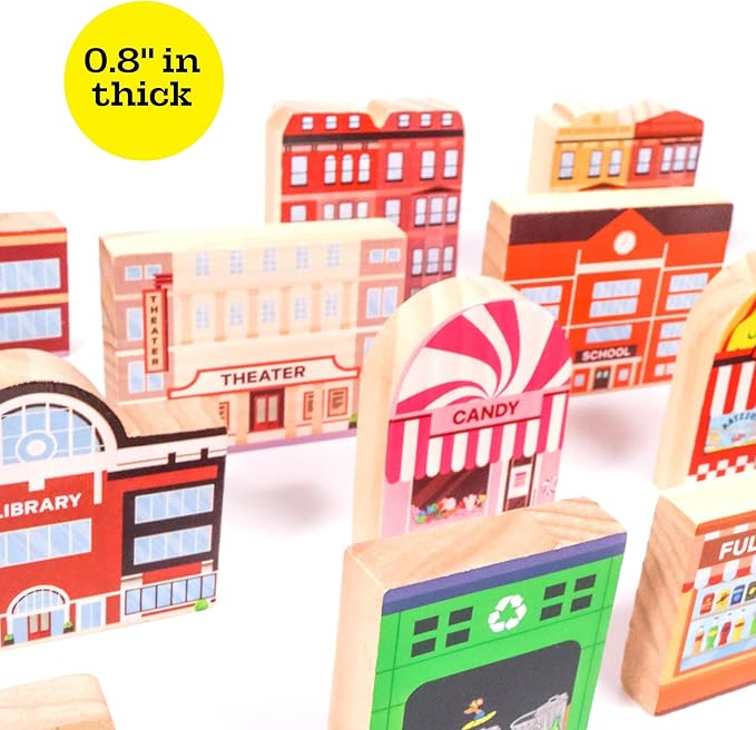 20 Pc Wooden City Play Set - Wooden Town Buildings and Street Signs for Play Mats, Toy Cars and Trains - Educational Preschool Track Accessories - Community Helpers Stacking Blocks Learning Toddler