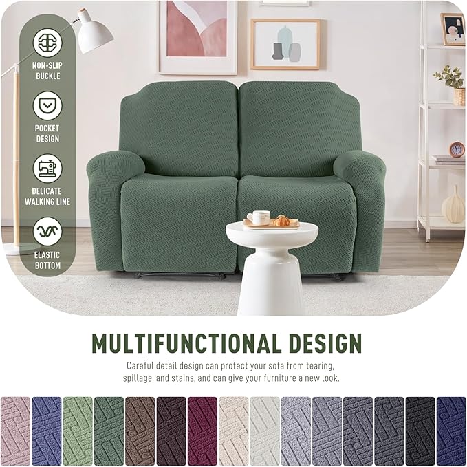 KinCam Recliner Covers, Stretch Reclining Chair Covers, Recliner Sofa Slipcovers Stripe Jacquard Recliner Couch Covers Furniture Protector Covers for Pet Kid (2 Seater, Greyish Green)