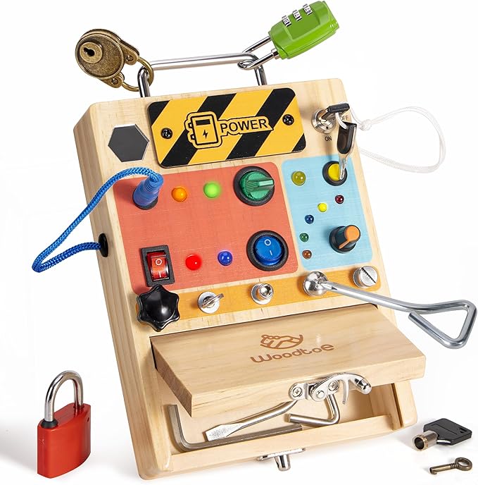 3-in-1 Busy Board with Led Light Switch, Montessori Toddler Screwdriver Board, Sensory Lock and Key Toys, Educational Fine Motor Skills Travel Toys for Toddlers Boys and Girls 3 4 5 Year Old