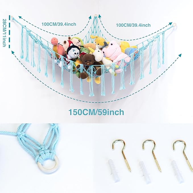 Boho Stuffed Animals Net or Hammock Large,55 inch Toy Hammock Macrame Stuff Animal Storage Corner Hanging Net Holder,Mesh Hammock Plush Toy Organizer with Hooks for Bedroom,Nursery (pale blue)