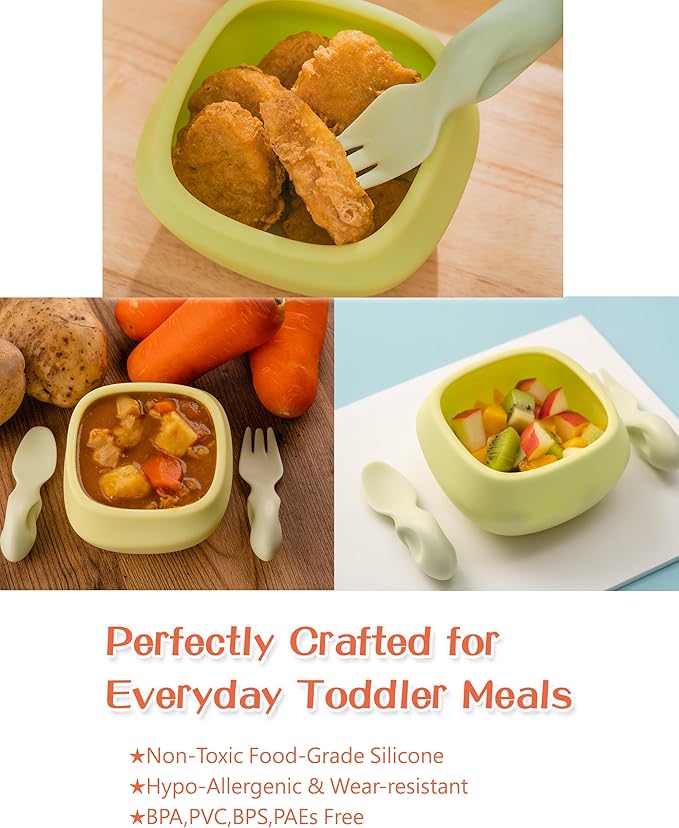 Toddler Utensils Set Ergonomic Fork and Spoon and Bowl Set Non-Slip Design for baby 12+ Month Self-Feeding Olds BPA Free Silicone Microwave and Dishwasher Safe Fine Motor Skills (Blue)