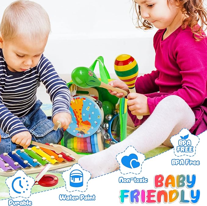 Kids Musical Instruments, Wooden Musical Toys Set for Toddlers with Xylophone Maracas Tambourine, Educational Montessori Toys for 3 4 5 Years Old Girls Boys