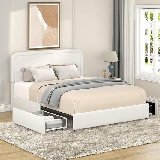 Christopher Knight Home Liv Upholstered Bed with Storage, Queen Size Platform Bed with 2 Drawers, Curved Stitched Tufted Headboard, Wooden Slat Mattress Support, No Box Spring Needed, Ivory Boucle