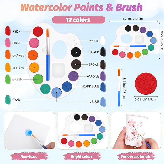 Aodaer 24 Pieces Valentine's Day Gift Mini Watercolor Paint Set Include 6 Set Colors Watercolor Paints Oval Palette Wooden Canvas Easels Canvas Tote Bags Aprons for Art Beginner Painting Supplies