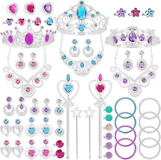 56 Pack Princess Jewelry for Girls Princess Dress Up Accessories Kids Play Jewelry for Girls Included Crown Wand Necklace Bracelet Rings Earrings Great as Princess Party Decoration