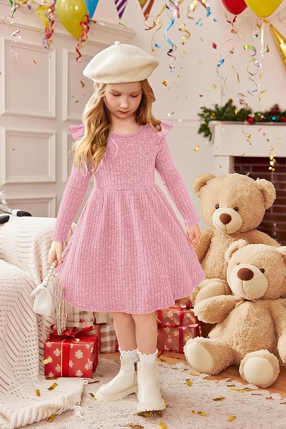 Arshiner Toddler Girl Dress Baby Girls Knitted Ruffle Sleeve Pocket Dresses A-Line Flared Fall Winter Clothes for 2-8 Years