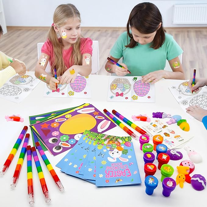72 Pcs Easter Party Favors Easter Egg Bunny Rabbit School Exchange Gifts Coloring Books Stacking Crayons Tattoo Puzzle DIY Sticker Stampers Class Reward Prizes for Spring Easter Party Supplies
