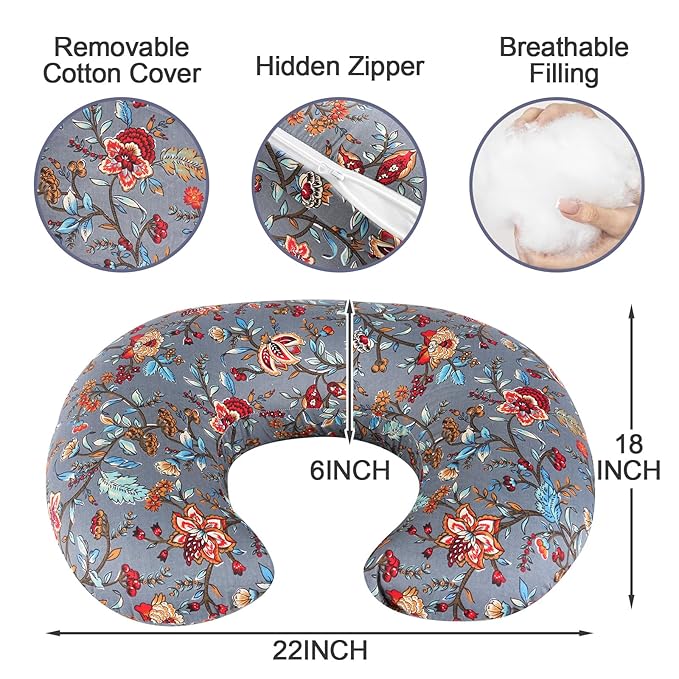 Nursing Pillow, Breastfeeding Pillows with Standard Size Removable Cover, Breast Feeding Pillow with Breathable Filling, Ergonomic Nursing Essentials for Bottle and Breastfeeding (Peony)