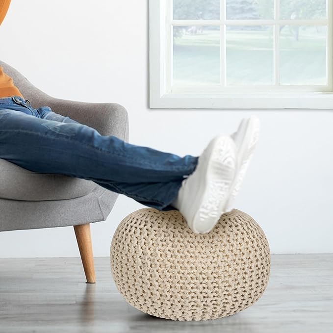 Round Pouf Ottoman Hand Knitted 100% Cotton Pouf Foot Stool - Knitted Bean Bag - Floor Chair for Bedroom - Foot Rest for Couch (20" Dia x 14" HT) (Off White)
