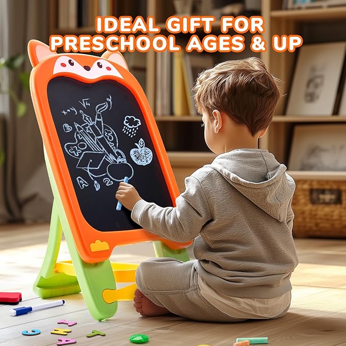 Adjustable Standing Toddler Art Easel with educatinal Accessories for Kid,4-in-1 Double-Sided Magnetic Chalkboard&Whiteboard,Dry Eraser Board,Detachable&Portable,Ideal Birthday Gift for 2-4,FOX