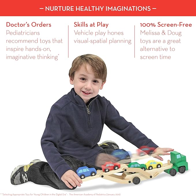 Melissa & Doug Car Carrier Truck and Cars Wooden Toy Set With 1 Truck and 4 Cars Wooden Vehicle Toys, Push And Go Trucks For Toddlers And Kids Ages 3+