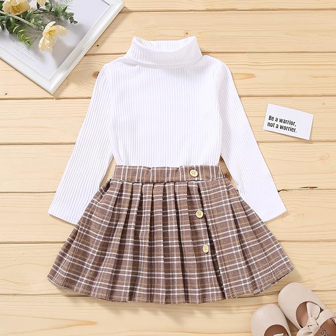 Fernvia Toddler Baby Girl Fall Winter Skirt Set Turtleneck Ribbed Long Sleeve T-Shirt Top & Plaid Skirts Dress 2Pcs Outfits