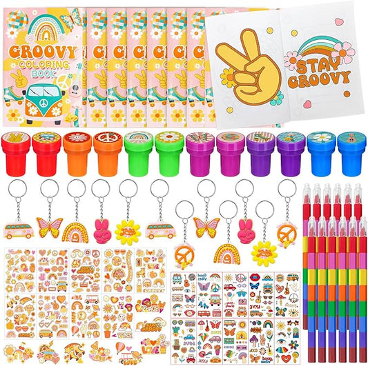 72 Pcs Groovy Coloring Book with Crayons Bulk,Retro Hippie Daisy Flower Party Favors Goodie Bags Fillers,Rainbow Boho Birthday Party Supplies Face Stickers Tattoo Prizes Gift for Groovy Party