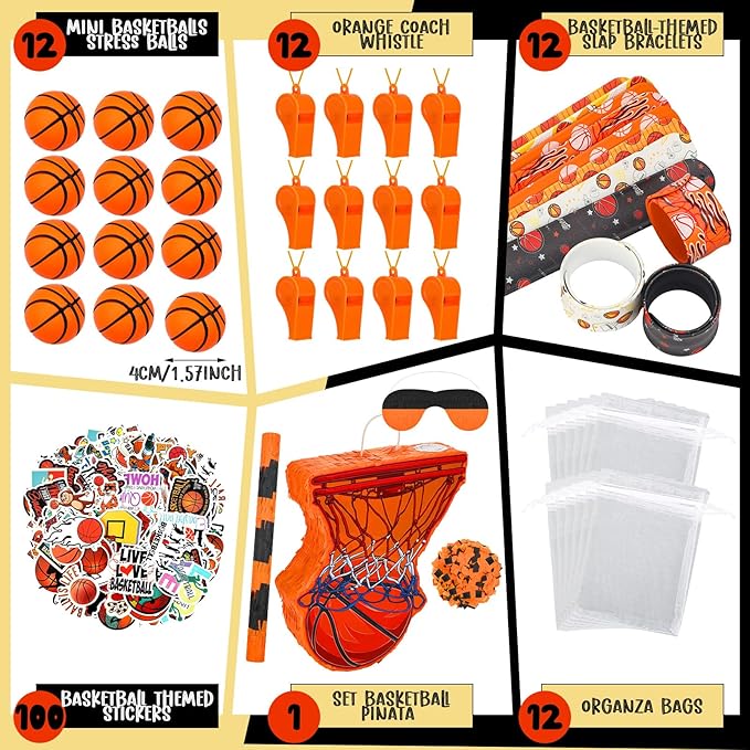 152 Pcs Ball Piñata Ball Party Supplies with Blindfold and Stick for Kids Birthday Party Decorations Foam Stress Balls Slap Bracelets Whistle Ball Favors for Boys Girls(Basketball)