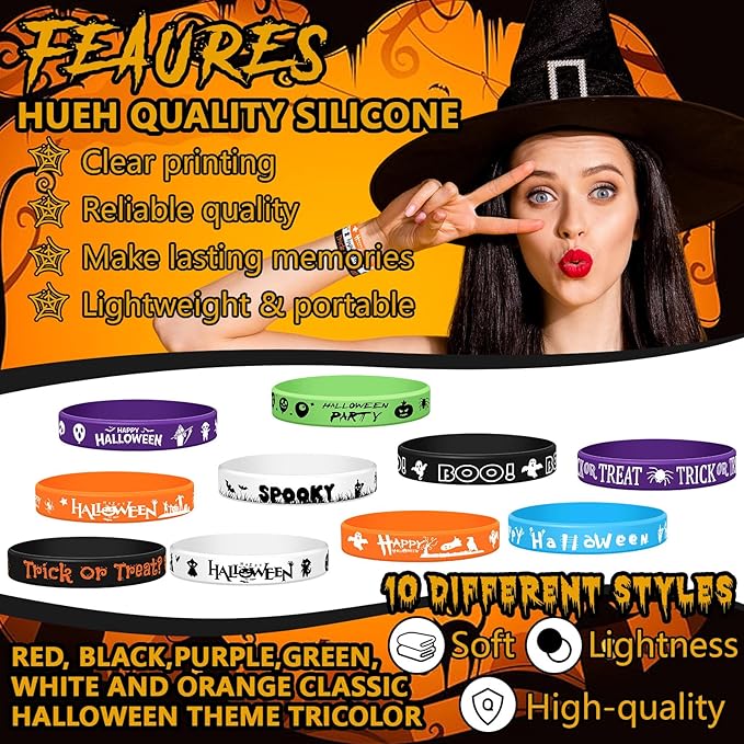 200 Pcs Halloween Rubber Wristbands Halloween Silicone Bracelets Trick or Treat for Kids Halloween Party Favors for Kids Kids' Play Bracelets for Gifts Goodie Bag Fillers, 10 Styles