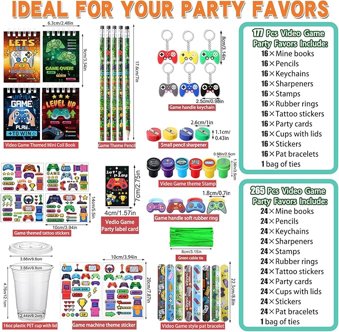 265 Pcs Video Game Party Favors Drinking Cups Notebook Pencils Sharpener Keychain Slap Bracelets Ring Stamp DIY Sticker Tattoo Sticker Tag Twist Tie for Boy Kid Birthday Gamer Reward Gift