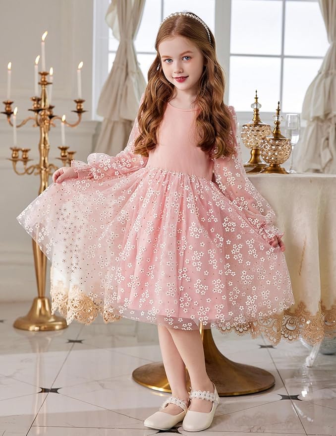 Arshiner Toddler Christmas Dress Girls Sequin Tulle Puff Long Sleeves Tutu Dress Princess Birthday Party Clothes 1-6T