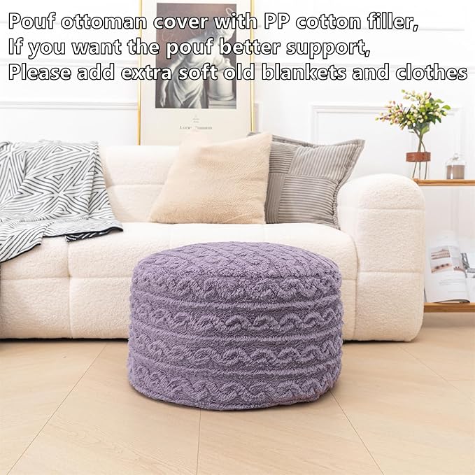 Pouf Ottoman Stuffed 20x20x12 Inches Floor Pouf Plush Fiber Ottoman Foot Rest Under Desk Foot Stool for Living Room Bedroom (Purple Pouf with Filler)