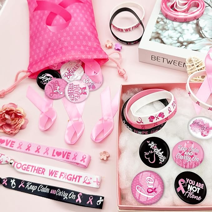 60 Pcs Breast Cancer Awareness Accessories Stuff ,Pink Ribbon Breast Cancer Awareness Silicone Bracelet Wristbands and Button Badges Pins Gifts for Women Girl Pink Party Favors