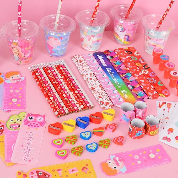 216PCS Valentines Day Gifts for Kids, Valentines Day Stationery Gifts, Valentines Party Favors with Stampers Pencils Rulers Stickers, School Rewards Classmate Gift Exchange Goody Bag Fillers for Kids