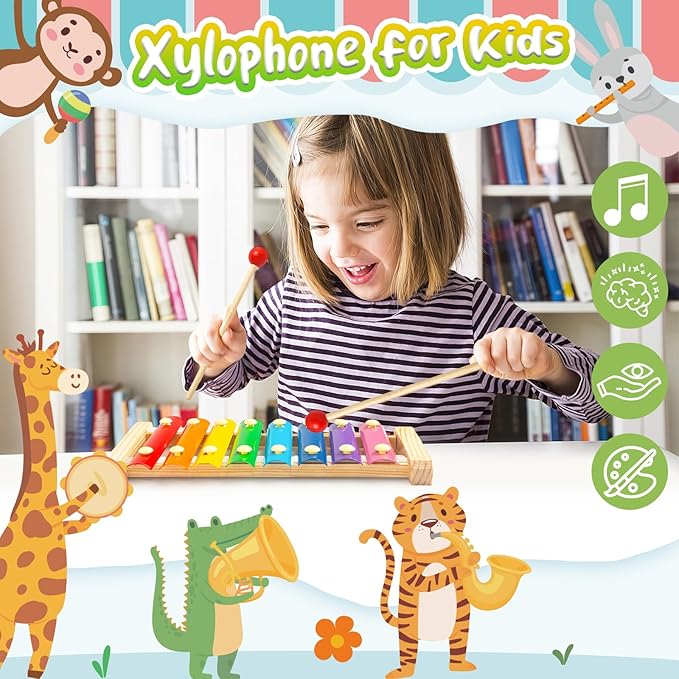 LovesTown Wooden Xylophone Musical Toy, 8 Rainbow Keys, 2 Mallets, Educational Instrument for Toddlers