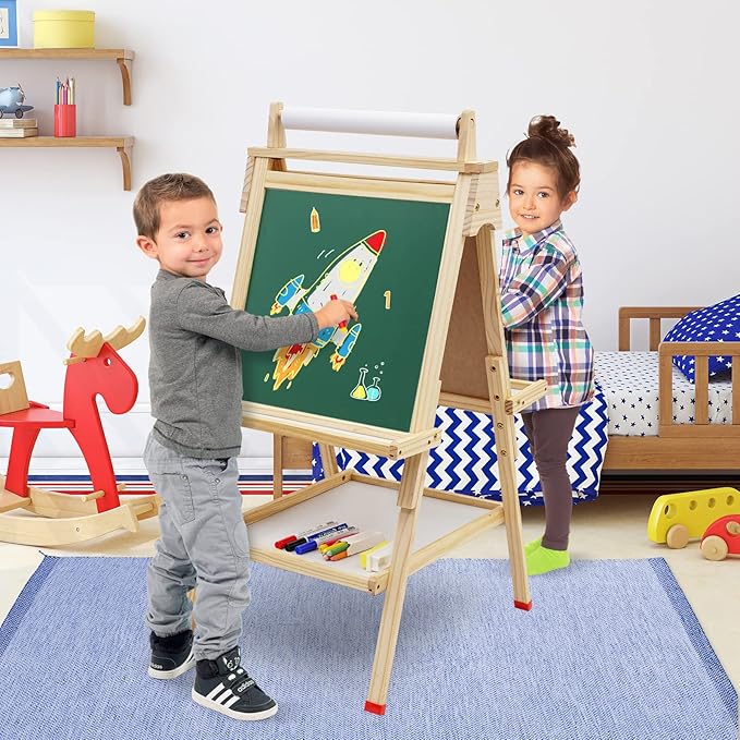 Kids Easel Wooden Art Easel Adjustable Standing Easel Double-Sided Drawing Easel with Paper Roll Chalkboard & Whiteboard for Kids Toddlers Birthday Holiday Gifts.