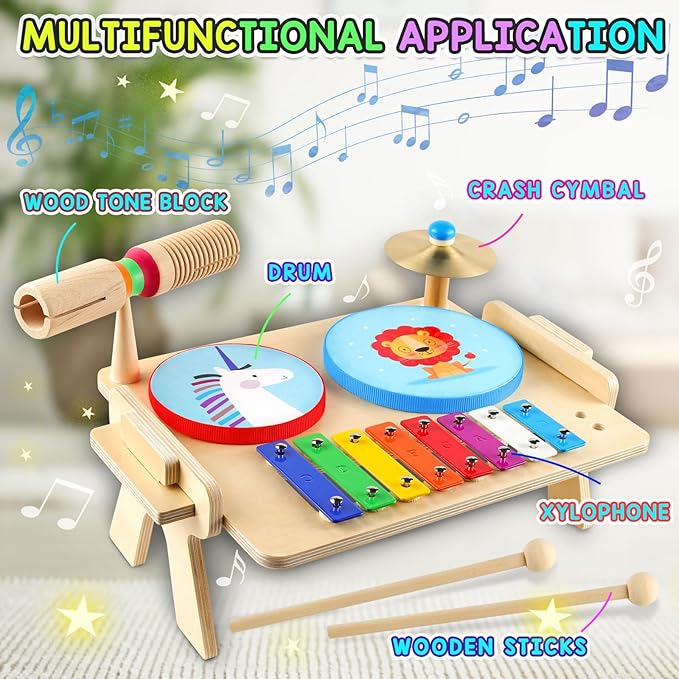 Kids Drum Set, Baby Musical Instruments Toys for Toddlers, 7 in 1 Wooden Xylophone Toddler Drum Set Percussion Instruments Musical Toys Birthday Gifts for Children Boys and Girls