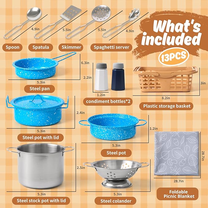 Kids Play Kitchen Toy Accessories Set Toddler Cooking Playset Colorful Stainless Steel Pots and Pans Birthday Gifts for 3+ Girls Boys (New Blue)