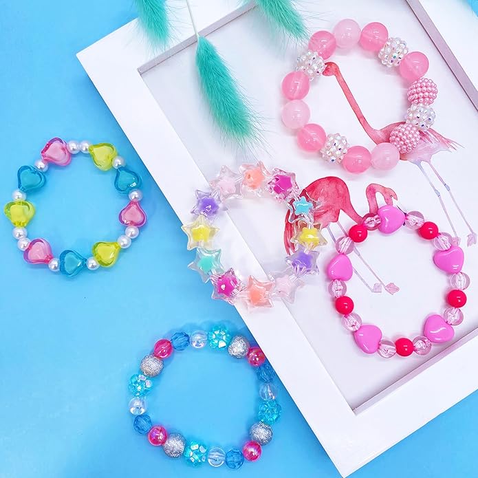 9 PCS Cute Kids Bracelets for Girls Pink LOVE Beaded Bracelets Little Girls Costume Jewelry Princess Party Favors Pretend Play Birthday Easter Christmas Valentines Toddler Jewelry