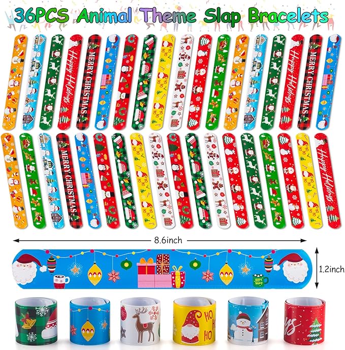 48 PCS Christmas Slap Bracelets and Rubber Bracelets for Kids Holiday Party Favors Bracelets Silicone Wristbands for Birthday Party Supplies Boys and Girls'Santa Gifts Xmas Stocking Stufers
