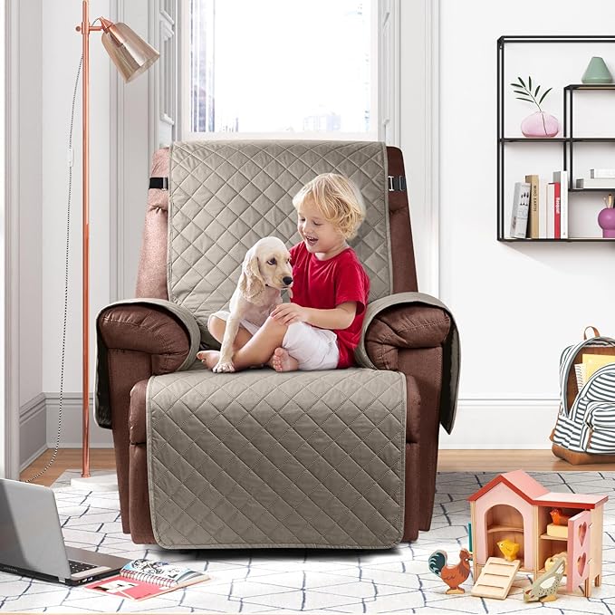 KinCam 100% Waterproof Recliner Chair Cover, Reclining Couch Covers for Pets, Dogs, Recliner Couch Slipcover Furniture Protector with Elastic Straps for Kids(23.6", Khaki)